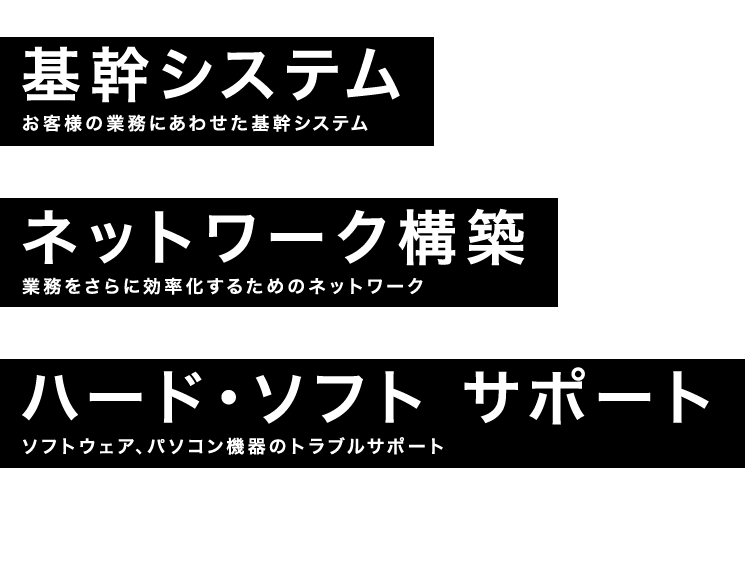 基幹システム(お客様の業務にあわせた基幹システム) 
				ネットワーク構築(業務をさらに効率化するためのネットワーク)
				ハード・ソフト サポート(ソフトウェア、パソコン機器のトラブルサポート)
				MISSION-CRITICAL-SYSTEM NETWORLK&PROMOTION